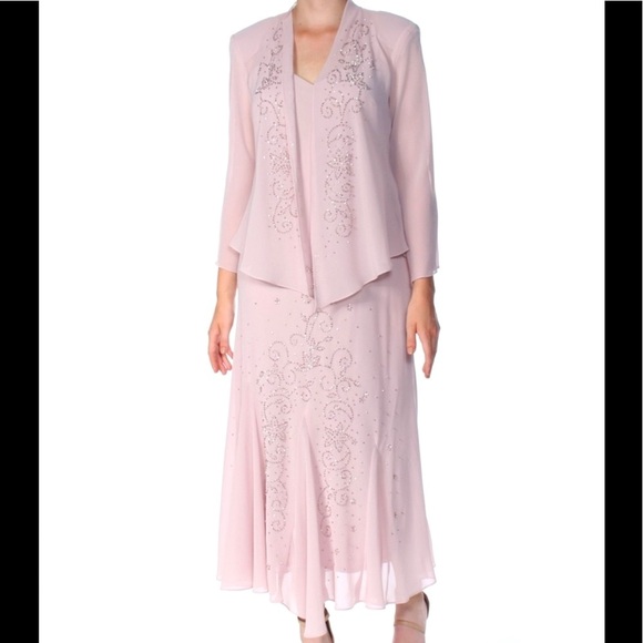 Women's Formal Dress Size 14 Blush Pink Chiffon Beaded 2pc Jacket R&M Richards - Picture 6 of 6